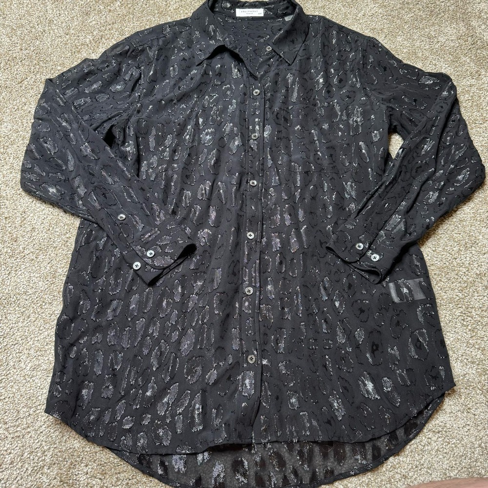 EQUIPMENT Daddy Metallic Leopard Print Silk Shirt Blouse in Black Size M - Picture 3 of 5